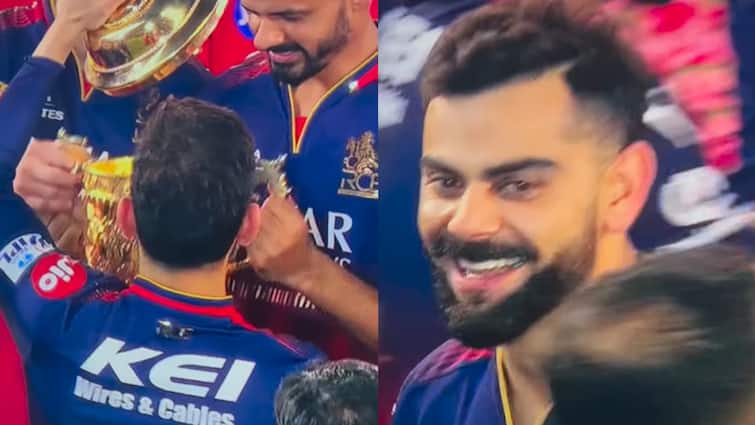 virat kohli and rcb players checked what is inside ipl 2025 trophy during celebration after win final video goes viral IPL ट्रॉफी के अंदर क्या होता है? चैंपियन बनने के बाद विराट कोहली और RCB खिलाड़ियों ने खोल दिया राज