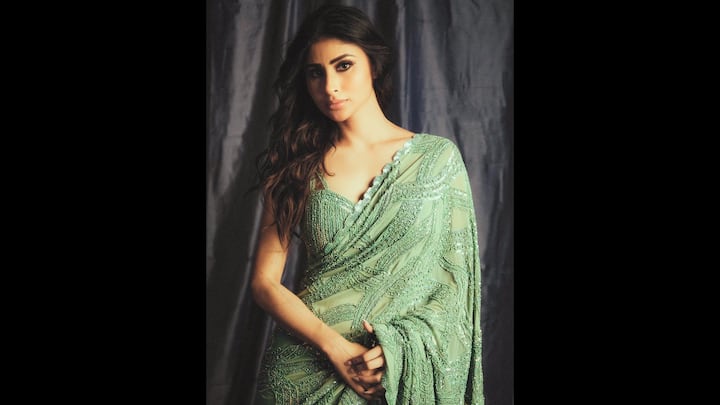 7. Mouni Roy: Mouni Roy's mint green saree served as a glamorous yet graceful choice for Eid. Her saree blended traditional elegance with modern sophistication. The heavily embellished saree was adorned with intricate beadwork and sequins. The contemporary and scalloped edge of the blouse along with a deep neckline added a modern flair to the saree. Her saree featured tone-on-tone embroidery that gave the actress a luxurious and ethereal appeal. She opted for minimal accessories, which made the saree a focal point. (Image Source: Twitter/@HyderabadBull)