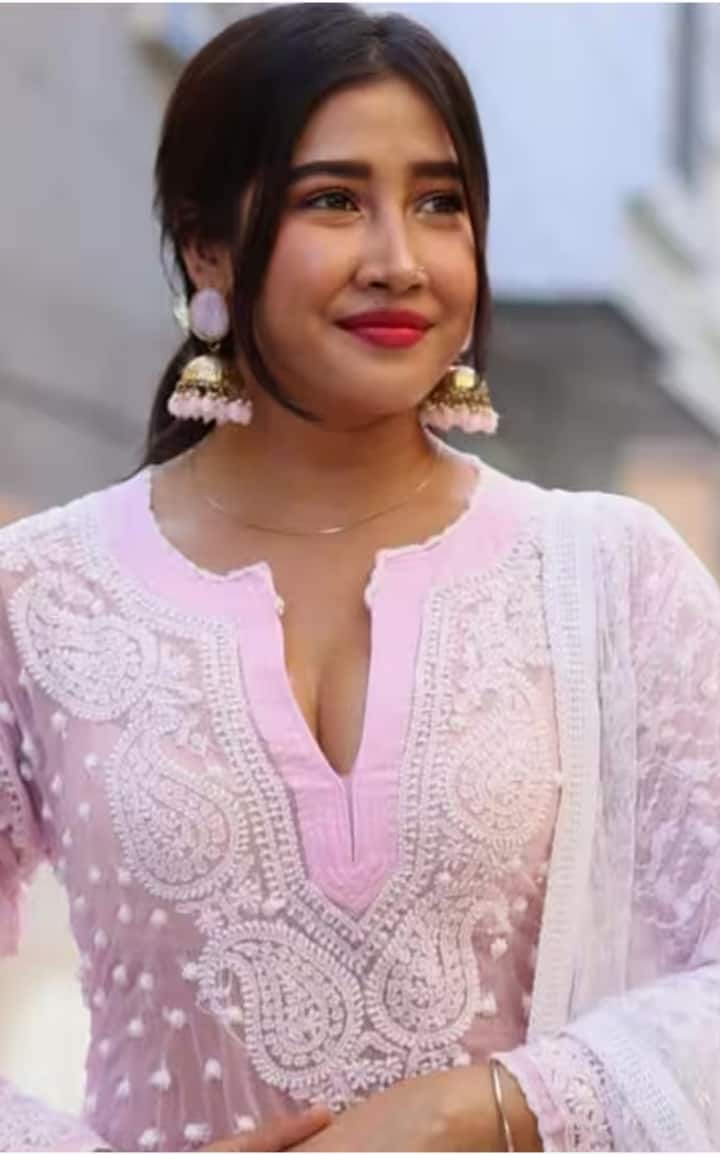 लाइट पिंक चिकनकारी कुर्ती में सोफिया बेहद मासूम और सुंदर लग रही थीं. साथ में उन्होंने हैवी झुमके भी पहने थे.