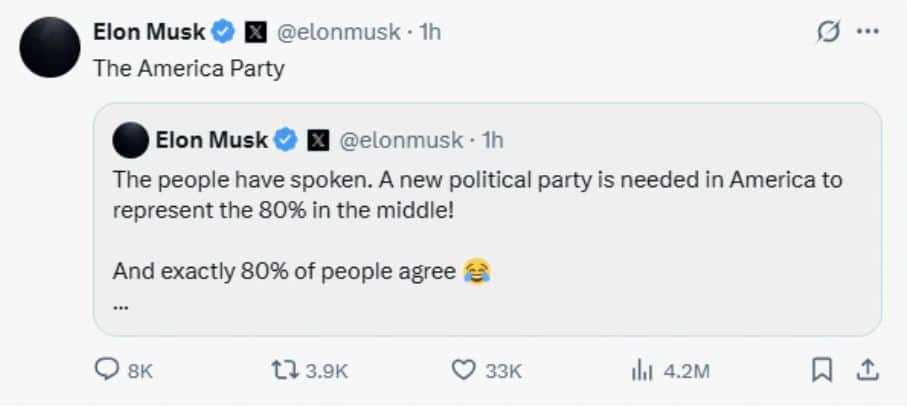 ਟਰੰਪ ਨੂੰ ਕੁਰਸੀ ਤੋਂ ਲਾਹੇਗਾ ਐਲੋਨ ਮਸਕ ! 80 ਫ਼ੀਸਦੀ ਲੋਕਾਂ ਦਾ ਮਿਲਿਆ ਸਮਰਥਨ, X 'ਤੇ ਲਿਖਿਆ - 'ਦ ਅਮਰੀਕਾ ਪਾਰਟੀ