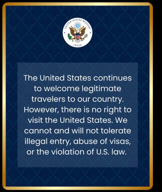 ‘আমেরিকায় ঢোকার কোনও অধিকার নেই…’, ভারতে মার্কিন দূতাবাসের পোস্ট ঘিরে শোরগোল ‘আমেরিকায় ঢোকার কোনও অধিকার নেই…’, ভারতে মার্কিন দূতাবাসের পোস্ট ঘিরে শোরগোল