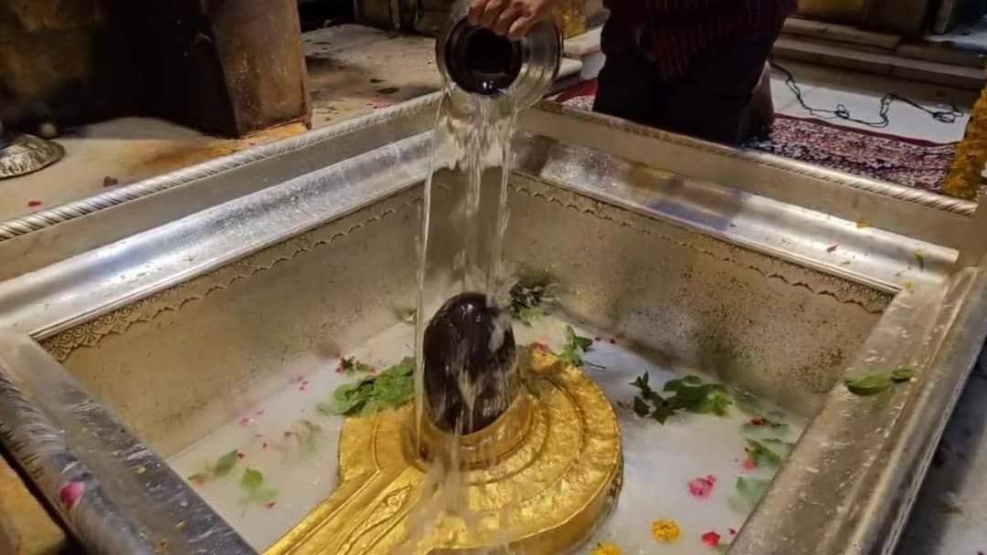 Varanasi Kashi vishwanath jalabhishek with rose water and 11 litre Thandai ann काशी विश्वनाथ में महादेव का गुलाब जल और 11 लीटर ठंडई से हुआ जलाभिषेक, सामने आई तस्वीर