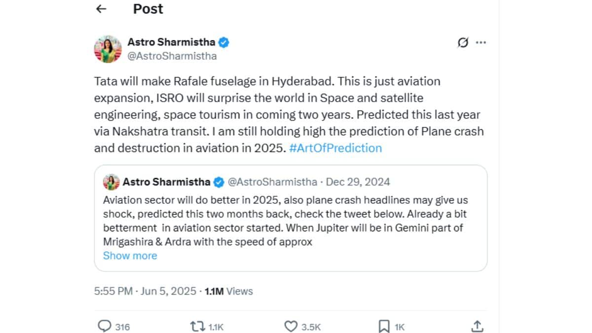 Air India Plane Crash In Ahmedabad: मोठा विमान अपघात होणार! 'तिने' आधीच भाकीत वर्तवलं होतं, महिला ज्योतिषाची 'ती' भविष्यवाणी खरी ठरली, पोस्ट व्हायरल..