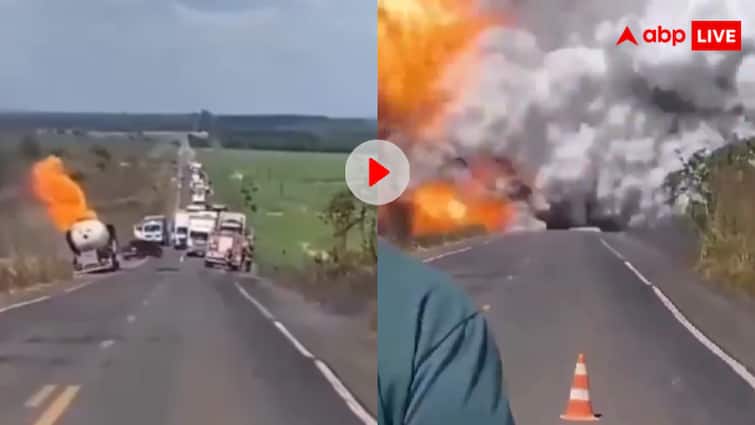 Sudden explosion in a tanker burning on the highway video goes viral on social media इसलिए कहते हैं दूर रहो...जलते हुए टैंकर में अचानक हुआ जोरदार ब्लास्ट, वीडियो देख कांप जाएगी रूह