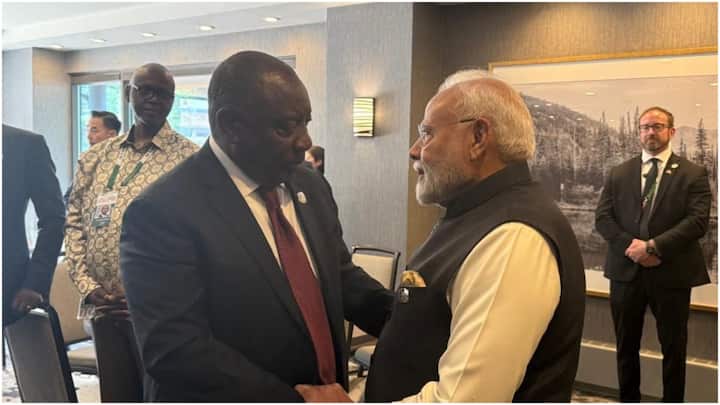 PM Modi shared a cordial moment with South African President Cyril Ramaphosa on the sidelines of the G7 Summit in Canada, reinforcing strong bilateral ties. (Image: X)