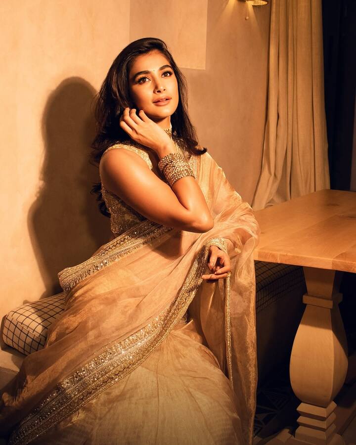 गोल्डन कलर हमेशा ट्रेंड में रहता है. पूजा की तरह गोल्डन साड़ी के साथ मैचिंग जूलरी कैरी करके आप एलिगेंट दिख सकती हैं.