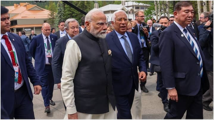 PM Modi with European Council President António Costa at G7 Summit. The two leaders exchanged views on key global and regional issues. (Image: X)