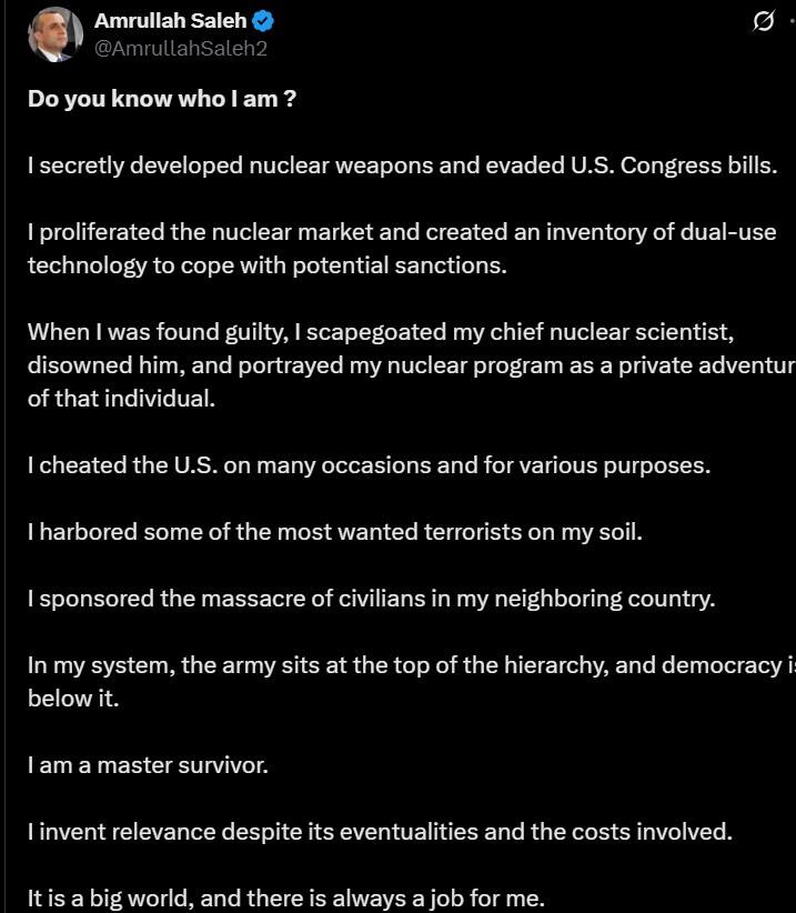 ਅਮਰੁੱਲਾਹ ਸਾਲੇਹ ਦਾ ਵੱਡਾ ਖੁਲਾਸਾ: ਅਮਰੀਕਾ ਨੂੰ ਦਿੱਤਾ ਧੋਖਾ, ਗੁਪਤ ਤੌਰ 'ਤੇ ਬਣਾਏ ਪਰਮਾਣੂ ਹਥਿਆਰ! ਇਸ ਦਾਅਵੇ ਨਾਲ ਦੁਨੀਆ 'ਚ ਮੱਚਿਆ ਹੜਕੰਪ