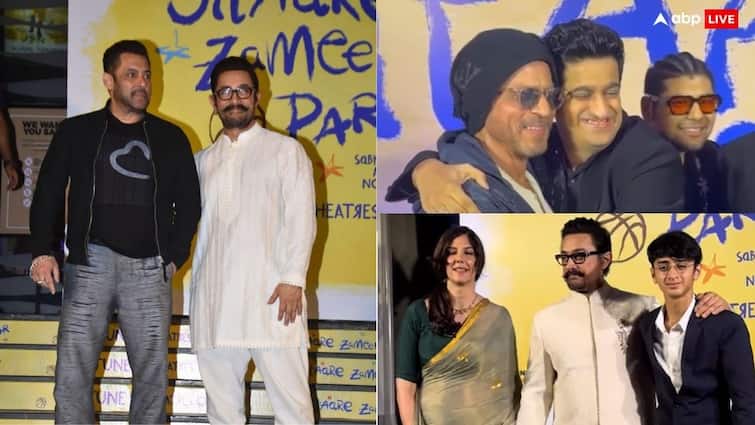Sitaare Zameen Par की स्क्रीनिंग पर दिखा तीनों खान का स्वैग, सलमान-आमिर और शाहरुख खान ने दिए जमकर पोज