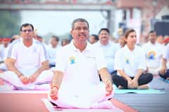 Union Minister Dharmendra Pradhan Marks Yoga Day In Sambalpur; IN PICS