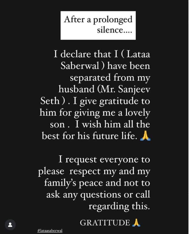 Yeh Rishta Kya Kehlata Hai' Fame Lataa Saberwal Announces Separation From Sanjeev Seth After 16 Years Of Marriage