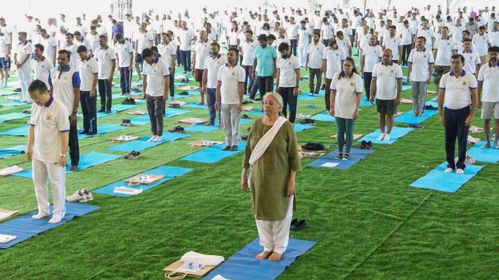 Union Finance Minister Nirmala Sitharaman takes part in a yoga session on the International Day Of Yoga, at Arun Jaitley National Institute of Financial Management in Faridabad.  (Image Source: PTI Images)