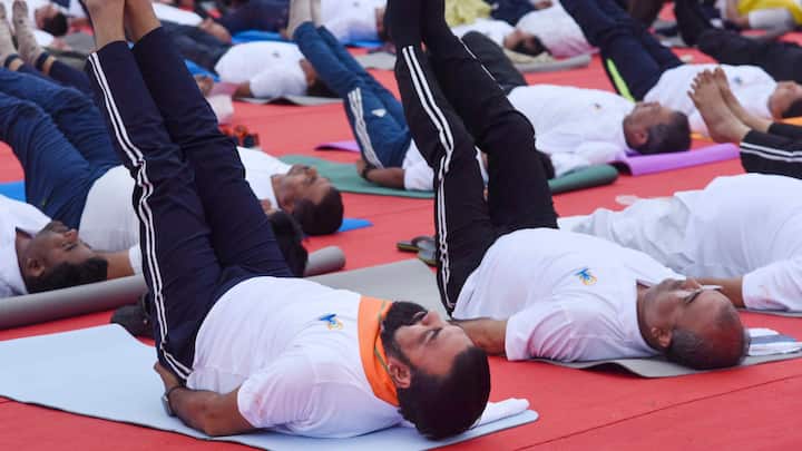 Bihar Deputy Chief Minister Samrat Choudhary takes part in a yoga session, organised on the International Day of Yoga, in Patna. (Image Source: PTI Images)