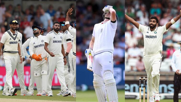 IND vs ENG: बुमराह का पंजा, सिराज-प्रसिद्ध ने भी निकाला अंग्रेजों का दम; पहली पारी में इतने रन से आगे टीम इंडिया england team all out first innings india gained 6 runs lead jasprit bumrah 5 wicket haul prasidh krishna mohammed siraj ind vs eng scorecard IND vs ENG: बुमराह का पंजा, सिराज-प्रसिद्ध ने भी निकाला अंग्रेजों का दम; पहली पारी में इतने रन से आगे टीम इंडिया
