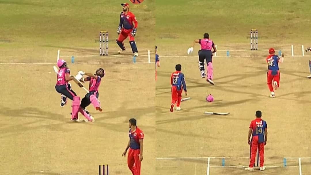 comedy on cricket pitch batters collide video viral featuring csk player rahul tripathi in maharashtra premier league match Watch: क्रिकेट पिच पर कॉमेडी, CSK प्लेयर का बन गया मजाक; देखें वायरल वीडियो
