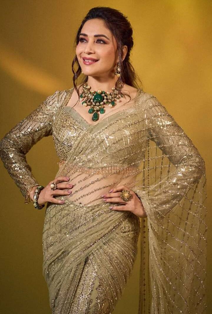 Madhuri Dixit's full sleeve blouse saree is getting very royal look.