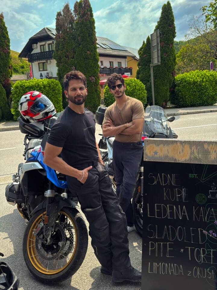 In the first photo, Ishaan flashes a cheerful smile against a breathtaking mountain backdrop. Another photo captures him striking a pose with Shahid.