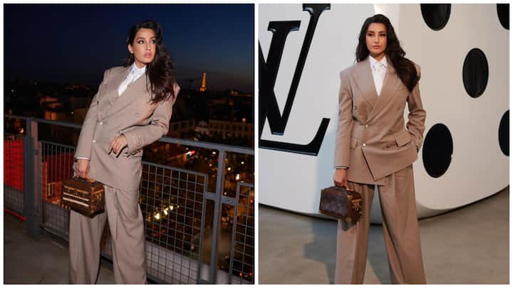 At Paris Fashion Week, Nora Fatehi turned heads and made a powerful fashion statement, channeling fierce boss lady energy in a perfectly tailored light brown pantsuit.
