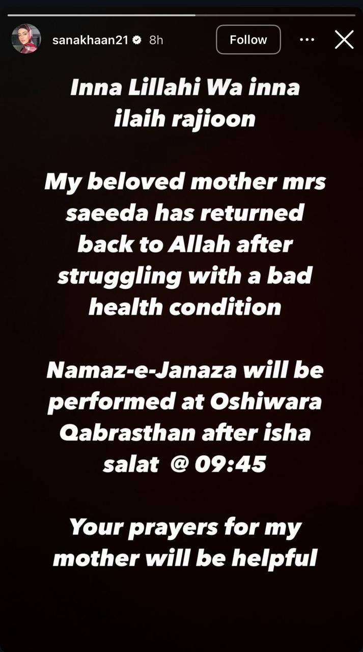 Former Actress Sana Khan Shares Emotional Note On Mother’s Demise