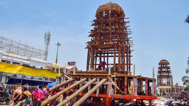 Artisans work for the construction of chariots for Lord Jagannath, Balabhadra and Devi Subhadra ahead of the annual Rath Yatra festival, scheduled to be held on June 27. (Image Source: PTI Images)