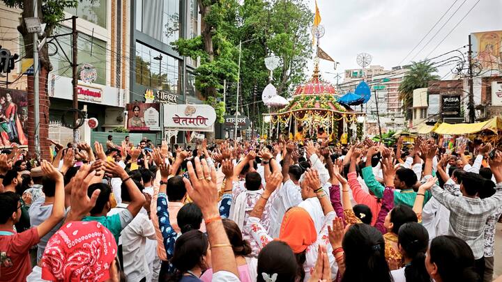 Devotees attend the Rath Yatra procession of Lord Jagannath, his sister Subhadra, and brother Balabhadra, in Varanasi. (Image Source: PTI Images)