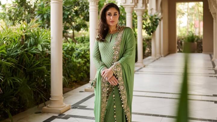 Kareena Kapoor opted for this embroidered green kurta with floral jaal and geometric designs, along with straight-fit trousers and a bordered dupatta. Her appearance, completed with jhumkas and heels, was a combination of elegance and celebrations. (Image Source: Instagram/ arpitamehtaofficial)