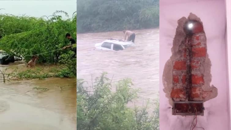 राजस्थान के सिरोही में बारिश का प्रकोप, नदी-नाले उफान पर, कहीं फंसी गाड़ी तो कहीं घर पर गिरी बिजली Rajasthan Weather Sirohi Rain wreaks havoc in Sirohi rivers and streams overflow ann राजस्थान के सिरोही में बारिश का प्रकोप, नदी-नाले उफान पर, कहीं फंसी गाड़ी तो कहीं घर पर गिरी बिजली