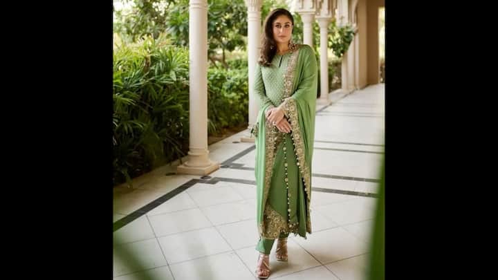4. Kareena Kapoor: Kareena Kapoor looked absolutely regal in her pastel green embellished suit. The outfit featured textured kameez with delicate embroidery and was paired with richly adorned dupatta, which created a flawless festive look. Its subtle shimmer and traditional silhouette perfectly balanced elegance and tradition. The soft green hue symbolizes the lush spirit of Teej. This Bollywood diva’s ensemble offered a graceful, trend-forward choice that’s rooted in Indian culture. (Image Source: Pinterest/payalita)