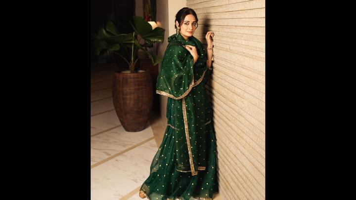 3. Dia Mirza: Dia Mirza stunned in her green sharara suit, an elegant and effortless pick for Hariyali Teej 2025. The rich fabric was adorned with delicate golden polka embroidery and a zari-bordered dupatta, which gave the ensemble a regal yet earthy vibe. Her minimal makeup and classic jhumkas complemented the traditional attire beautifully. Dia's look is a go-to for grace, tradition, and festive charm, all in one. (Image Source: Pinterest/Tollystars)