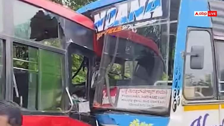 14 people injured in collision between two private buses in Mangalore Karnataka Watch: आमने-सामने टकराईं दो बस, एक्सीडेंट का लाइव वीडियो उड़ा देगा आपके होश