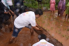 Kolhapur News: पालकमंत्री प्रकाश आबिटकर शेताच्या बांधावर; भर पावसात चिखलगुट्टा करत भात रोपांची लागण