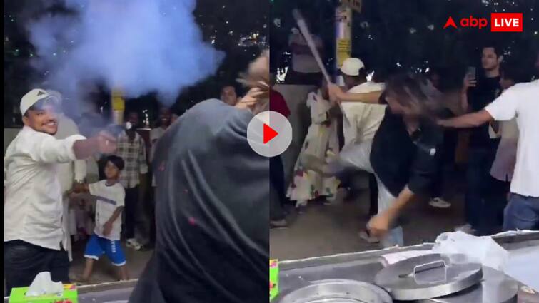 Turkish ice cream incident Customer and shopkeeper clashed over using color gun video goes viral टर्किश आइसक्रीम पर ग्राहक ने कर दी ऐसी हरकत, दुकानदार ने पकड़कर कूटा, वायरल हो रहा वीडियो