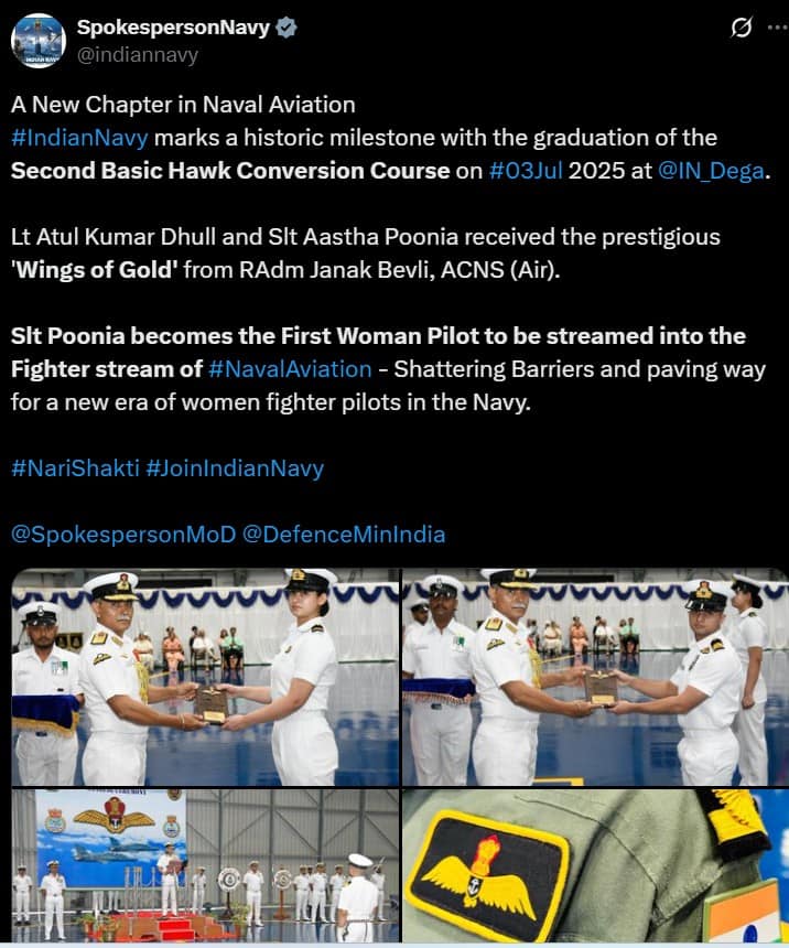 ਕੌਣ ਹੈ ਸਬ ਲੈਫਟਿਨੈਂਟ ਆਸਥਾ ਪੂਨੀਆ? ਨੇਵੀ ਦੀ ਪਹਿਲੀ ਮਹਿਲਾ ਫਾਈਟਰ ਪਾਇਲਟ ਬਣ ਰਚਿਆ ਇਤਿਹਾਸ