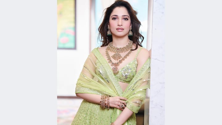 Tamannaah Bhatia shines in this lime-green lehenga embellished with silver floral work and a plunging blouse. Rajputana-style embroidery lends it a classic festive appeal. (Image Source: Instagram/ tamannahspeaks)