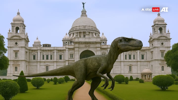 Dinosaur at Victoria Memorial, Kolkata: A Velociraptor stands in the garden area of the Victoria Memorial. Its sharp posture is framed against the backdrop of domes, pillars, and the white marble. (Image Source: ABP LIVE AI)