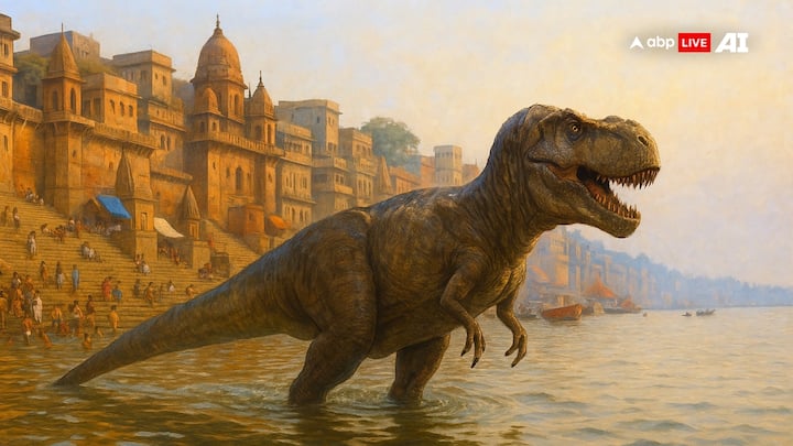 Dinosaur Bathing in Varanasi Ghat: A dinosaur is captured wading through the shallow waters of a Varanasi ghat. (Image Source: ABP LIVE AI)