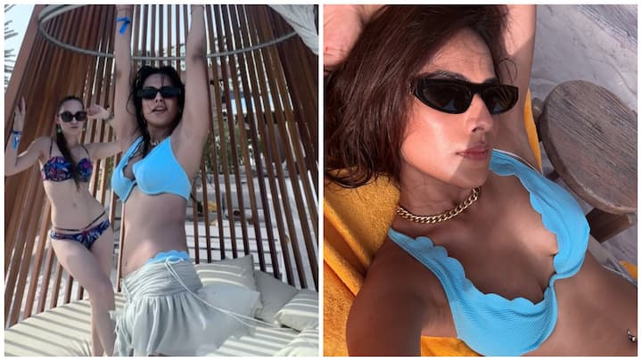 Nia Sharma is making a splash, literally and sartorially. The television diva served poolside glam in a powder-blue bikini set.