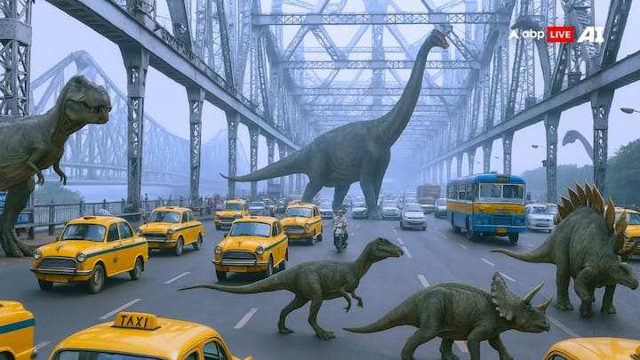 Dinosaurs Crossing Howrah Bridge: Several dinosaurs are shown crossing the busy lanes of Howrah Bridge. (Image Source: ABP LIVE AI)