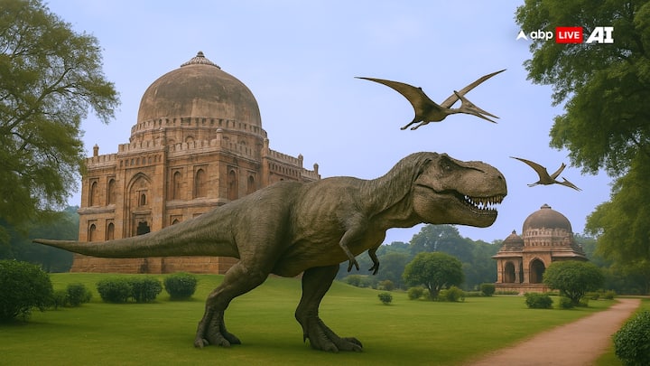 T-Rex at Lodhi Garden, Delhi: In a wide shot of Lodhi Garden, a T-Rex is walking past the ancient tombs and greenery. (Image Source: ABP LIVE AI)