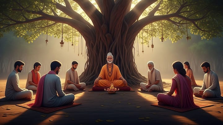 তিনি অষ্টাদশ পুরাণ রচনা করেছিলেন। বেদ অখণ্ড ছিল। সেটাকে ব্যাস ঋক, সাম, যজু ও অথর্ব...এই চারটি ভাগে বিভক্ত করেছিলেন। তাই তাঁর নাম বেদব্যাস। (ছবি সৌজন্য- Gemini AI)