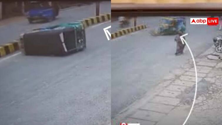 Viral Video: सड़क पर बंदर की छलांग और पलट गया सवारियों से भरा ऑटो, वीडियो देख रह जाएंगे दंग auto rickshaw full of passengers overturned in Jhansi UP Viral Video accident happened because of a monkey Viral Video: सड़क पर बंदर की छलांग और पलट गया सवारियों से भरा ऑटो, वीडियो देख रह जाएंगे दंग