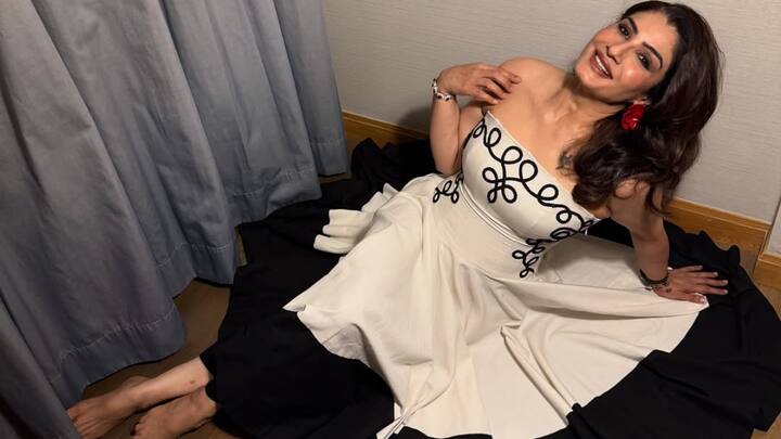 In a recent photoshoot, Raveena Tandon dazzles in a black-and-white gown that marries timeless elegance with bold modernity.