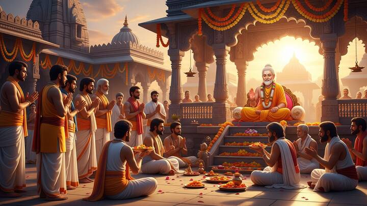 আষাঢ় মাসের পূর্ণিমা তিথিকে বলা হয় গুরু পূর্ণিমা (Guru Purnima 2024)। এই পূর্ণিমাটি হচ্ছে মহাভারতকার কৃষ্ণ দ্বৈপায়ন ব্যাসের জন্মতিথি। (ছবি সৌজন্য- Gemini AI)