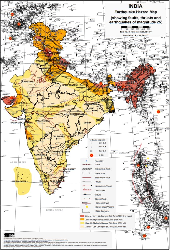 India's Seismic Zones as per the Vulnerability Atlas of India.