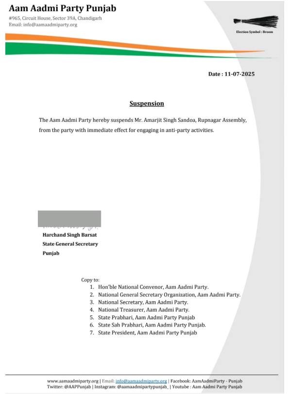 AAP ਦੀ ਸਾਬਕਾ ਵਿਧਾਇਕ 'ਤੇ ਵੱਡੀ ਕਾਰਵਾਈ, ਅਮਰਜੀਤ ਸਿੰਘ ਸੰਦੋਆ ਨੂੰ ਦਿਖਾਇਆ ਬਾਹਰ ਦਾ ਰਸਤਾ