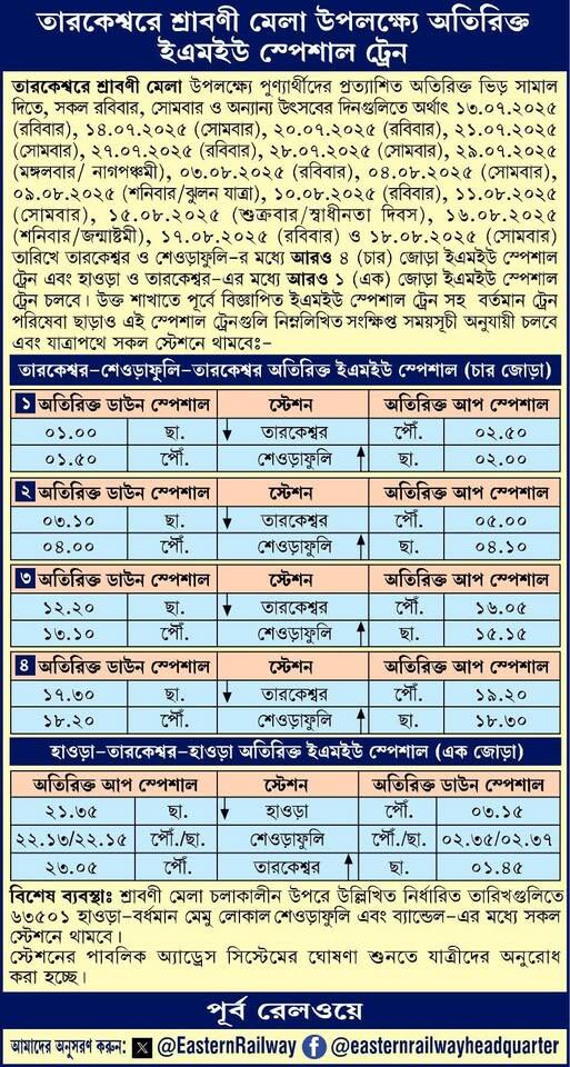 Tarakeswar Special Train :তারকেশ্বরে শ্রাবণজুড়ে ভক্তদের ঢল, ভিড় সামলাতে এই-এই দিনে বিশেষ ট্রেন, রইল টাইম টেবিল