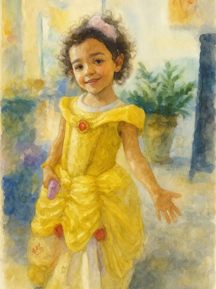 She ended her photo carousel with a sweet watercolour painting of Malti dressed as Belle from Beauty and the Beast.