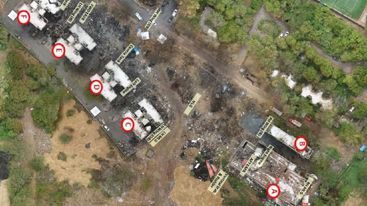 AI171 Crash Probe In Pics: Visuals From Preliminary Report On Ahmedabad Tragedy The wreckage was spread over an area of approx. 1000 ft by 400 ft. Image shows the crash layout with key aircraft parts and buildings labeled A–F for reference.