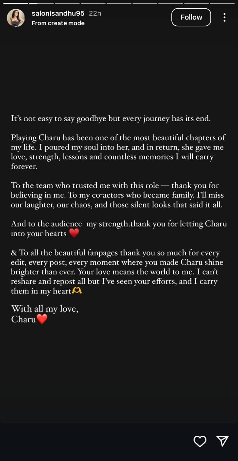 The actress shared this note on her Instagram story in which she wrote that it was not easy for her to say goodbye. He further wrote, 'Every journey ends. Playing the role of Charu is one of the most beautiful chapters in my life.