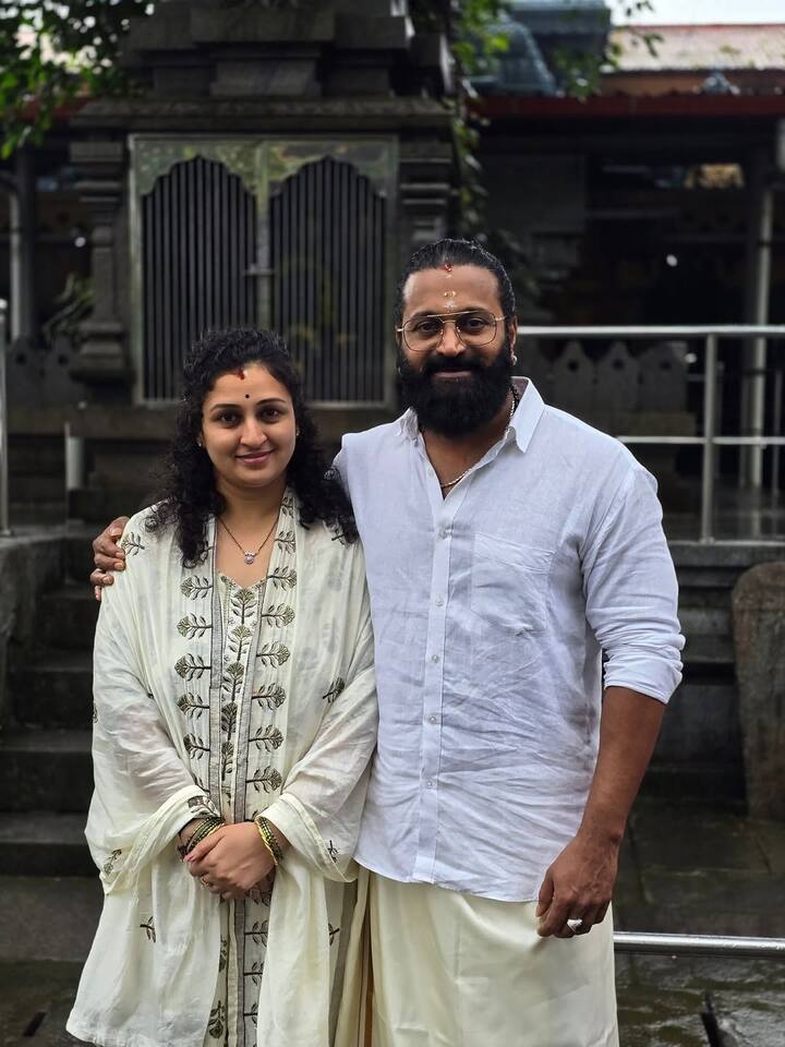 Taking to his official Instagram handle, Shetty shared serene glimpses from their temple visit. In the photos, the actor is seen donning a traditional cream Mundu paired with a matching shawl, while Pragathi kept it simple and elegant in a salwar kameez.